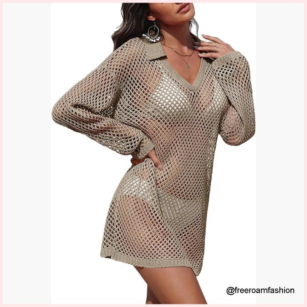 Crochet Cover-Up Long Sleeve Mini Beach Outfit Polyester Swimwear